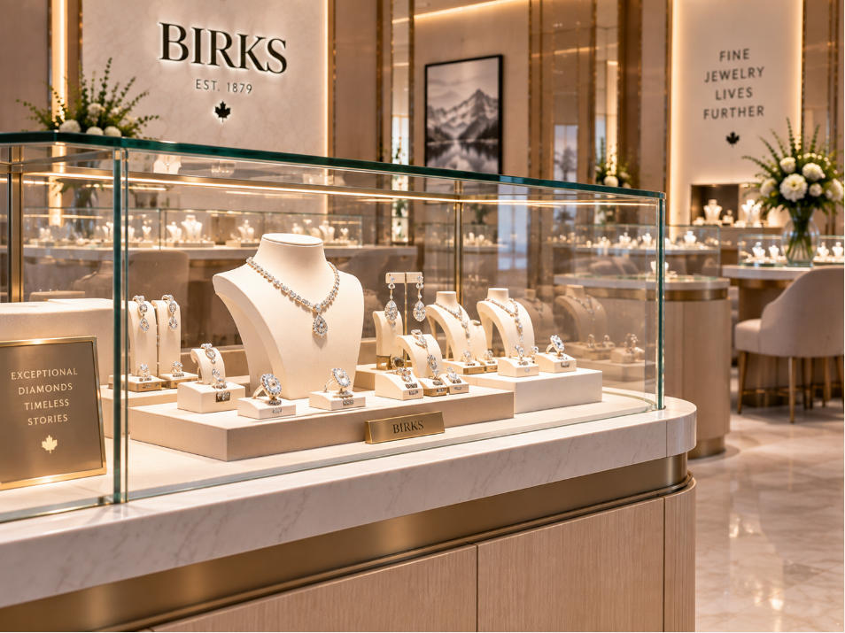 High end glass jewelry display case detail with light wood stone and clear glazing