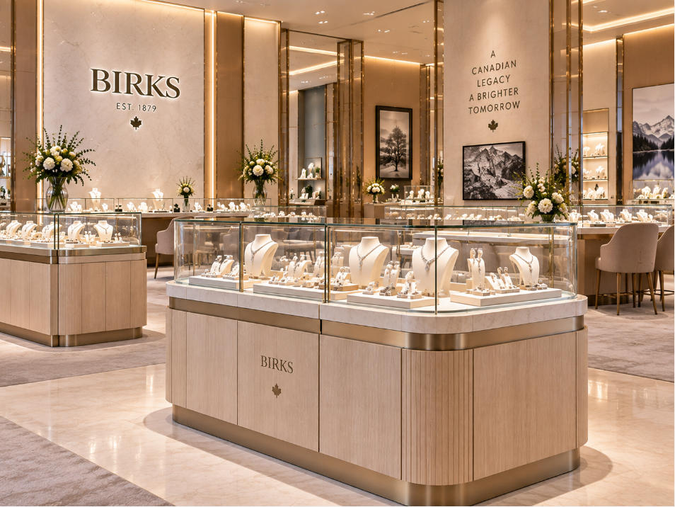 Luxury glass jewelry display case with light wood stone ultra-clear glazing and focused lighting