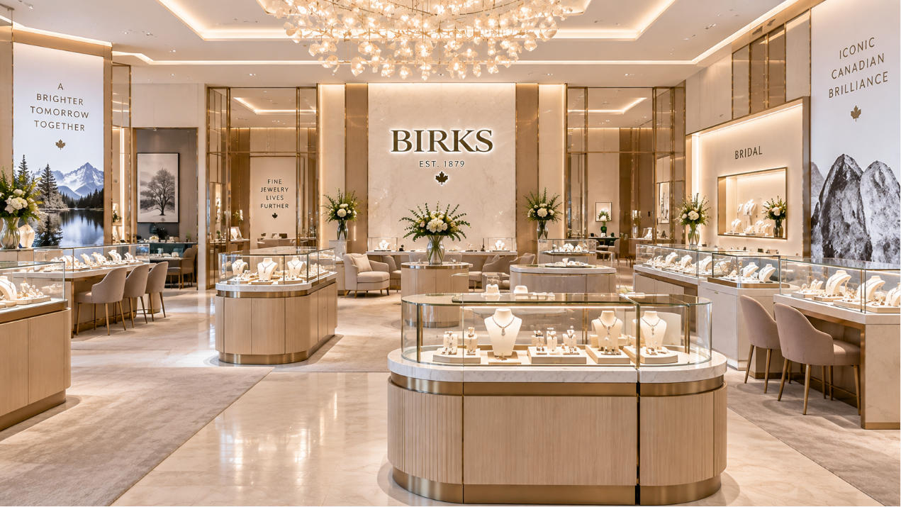Birks Toronto luxury glass jewelry display cases in modern Canadian fine jewelry flagship