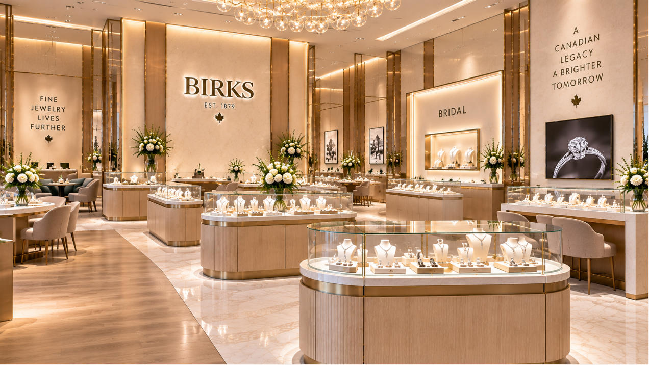Completed Birks Toronto interior with luxury glass jewelry display cases