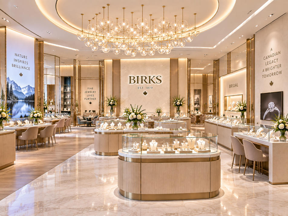 Open luxury jewelry store layout with glass display cases inside Birks Toronto flagship