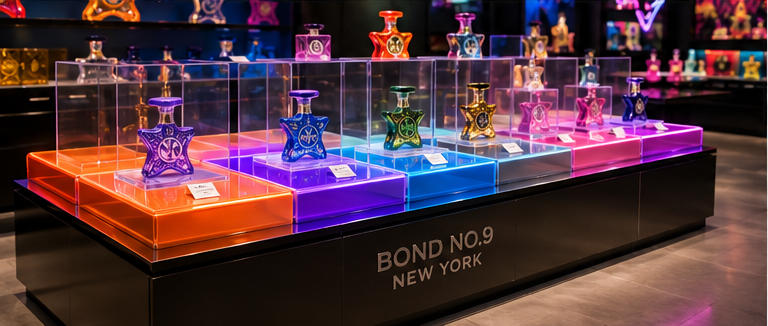 Transparent acrylic scent pods aisle focal display stands