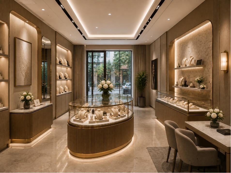 Boutique interior design with coordinated premium materials custom displays lighting and brand details