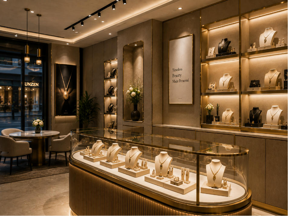 Boutique product display and lighting design with feature merchandise wall displays and custom retail fixtures