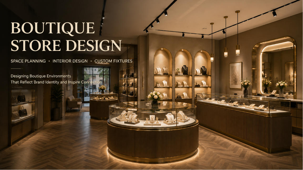 Boutique store design with custom retail interior planning display fixtures and premium brand environment