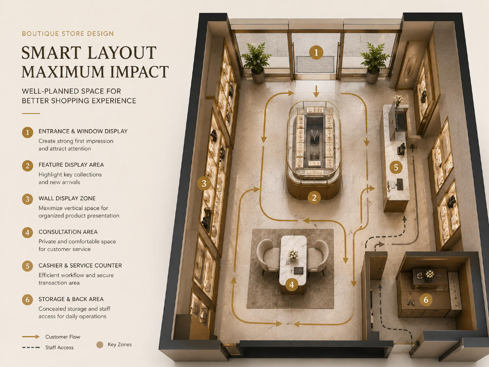Boutique store layout design with customer circulation merchandising zones custom displays and service areas