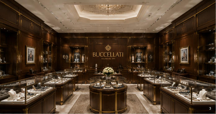 Italian style luxury jewelry showcase with walnut wood & brass