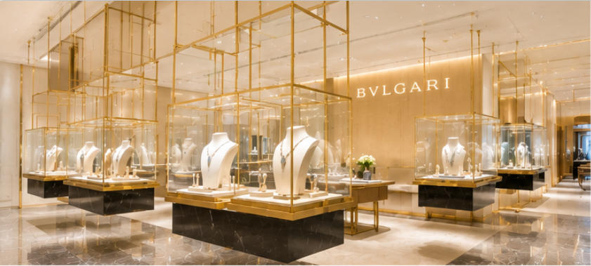 Suspended high jewelry cabinets with modern Italian style and warm white lighting