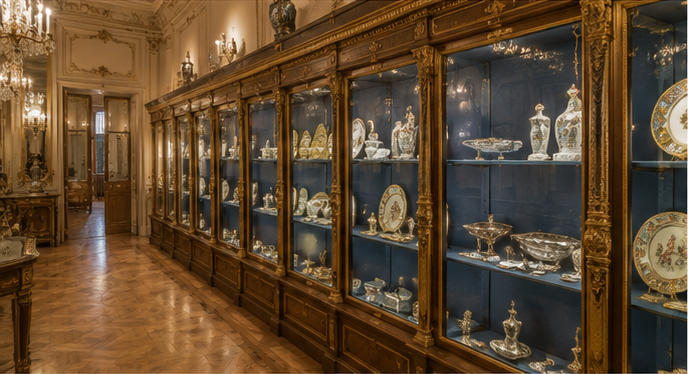 Brass art vitrine for long 18th century art corridors