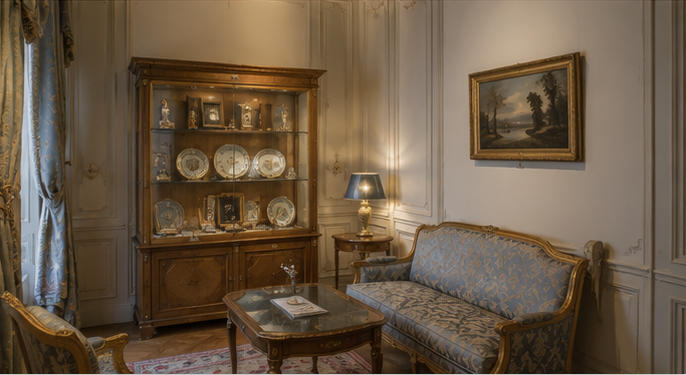 Salon display unit for quiet mansion drawing nooks