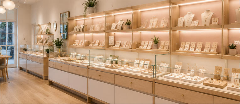 White oak display case for central try-on & checkout zone