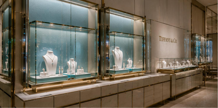 Champagne metal showcase bases paired with Tiffany blue and pale stone