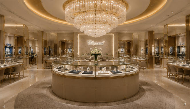 Stone & wood jewelry cabinet for VIP event salon