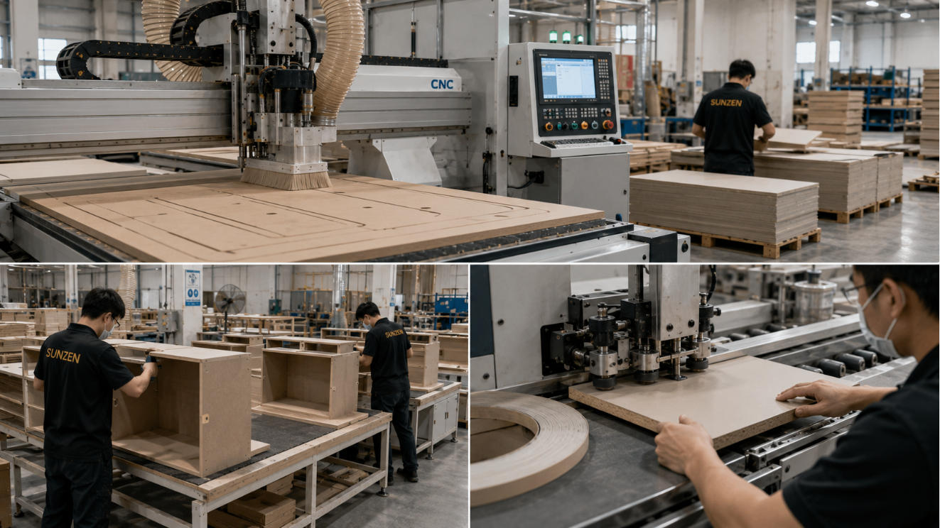 CNC woodworking and cabinet manufacturing inside a custom jewelry showcase factory