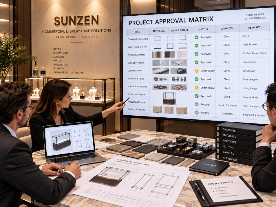 Commercial display case project approval matrix coordinating drawings finishes materials hardware lighting quantities and production release
