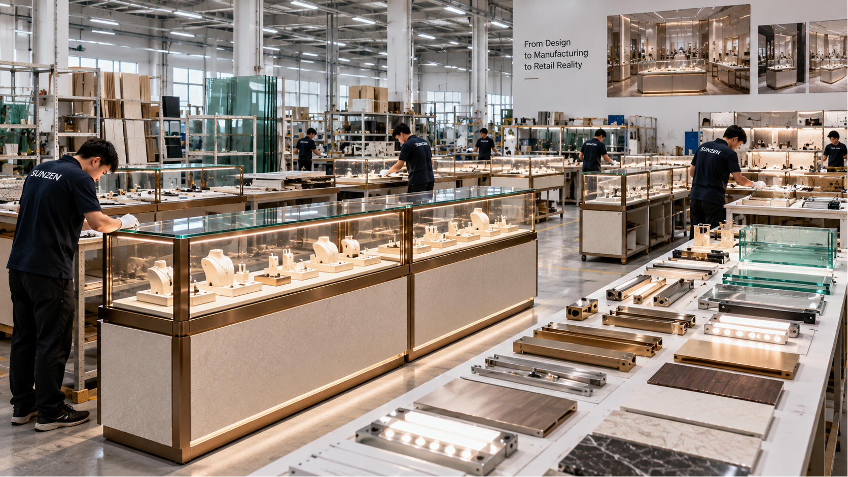 Commercial display case factory coordinating cabinetry metal glass lighting assembly and quality inspection