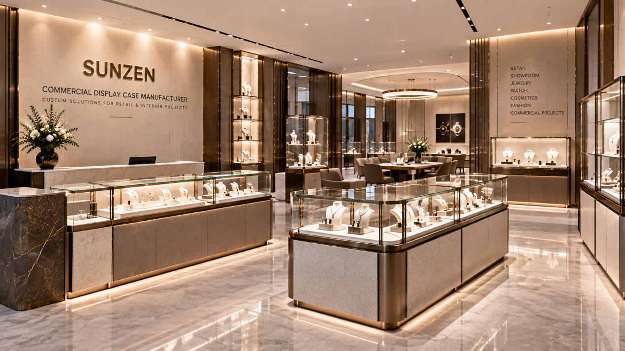 Commercial display case manufacturer producing custom glass showcases counters wall cases and display cabinets for retail and interior projects