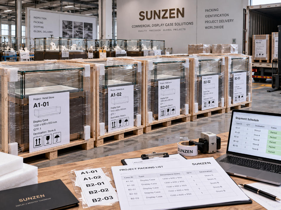 Commercial display cases inspected labeled and packed by case ID project zone quantity and destination for contractor delivery
