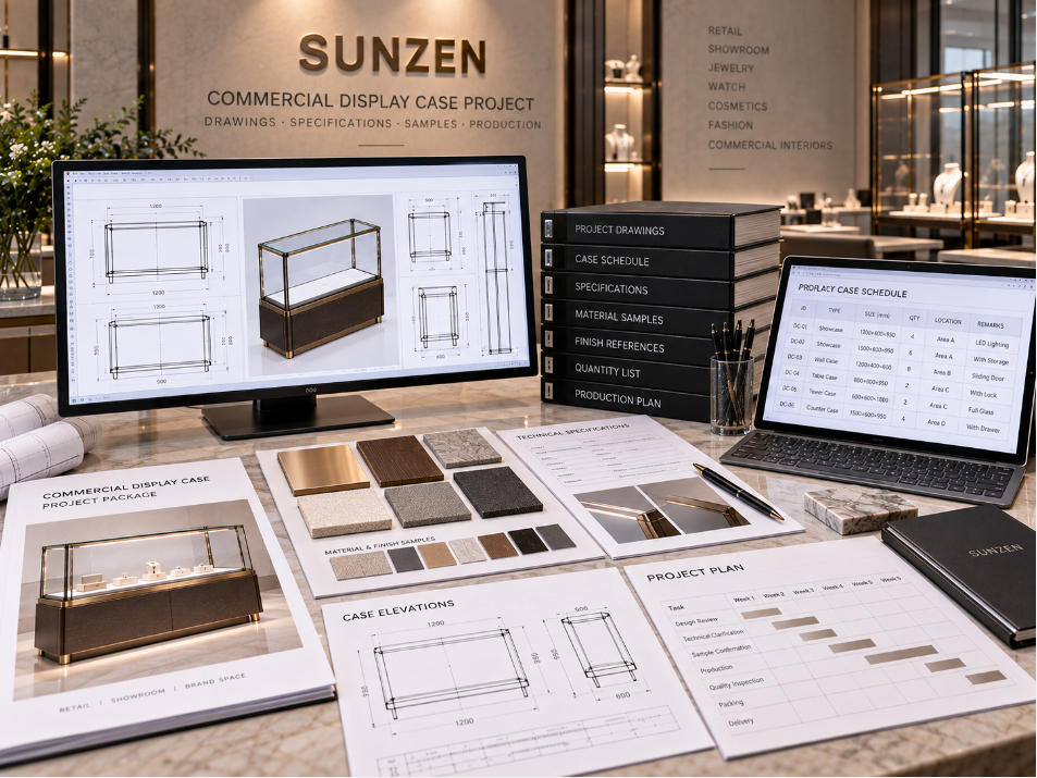 Commercial display case project package with drawings elevations case schedule specifications finishes quantities and project references