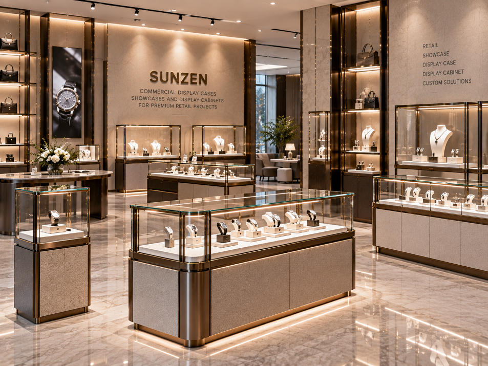 Commercial glass display cases showcases and display cabinets coordinated within a premium retail interior project
