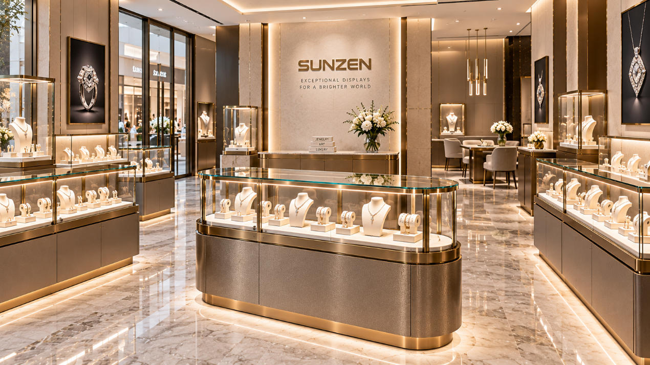 Commercial jewelry showcase designed for jewelry stores boutiques and retail environments with lighting security storage and practical staff access