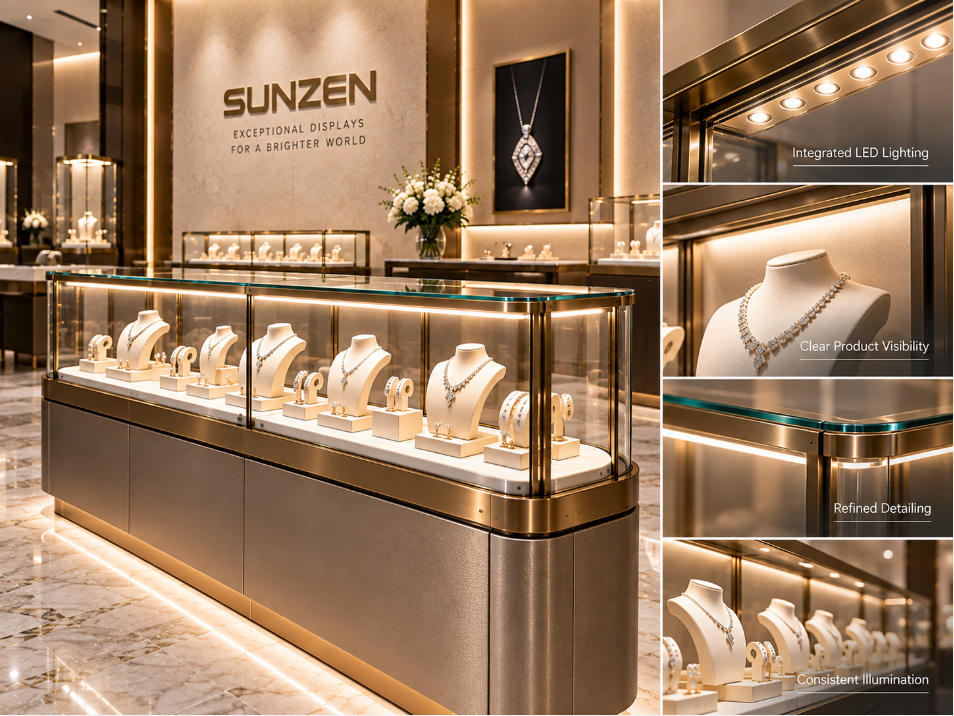 Commercial jewelry showcase with integrated LED lighting designed for clear product visibility and everyday retail operation