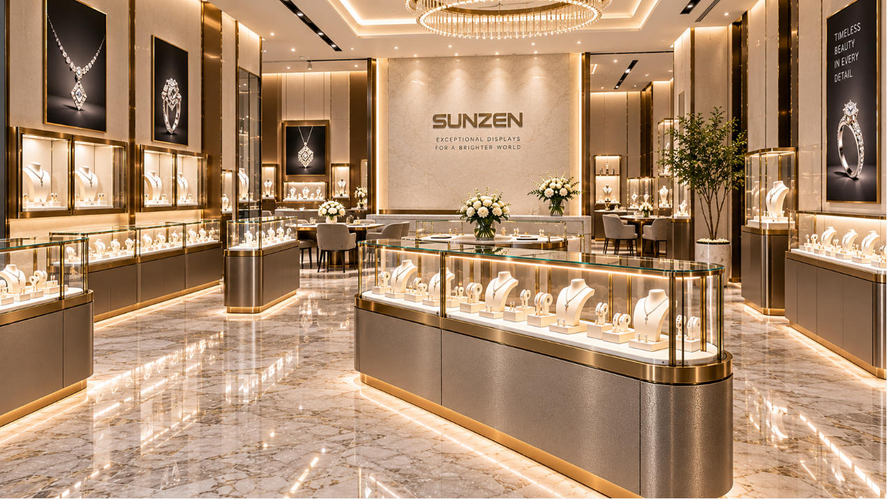 Completed commercial jewelry store with coordinated counters islands wall showcases lighting storage and customer consultation areas