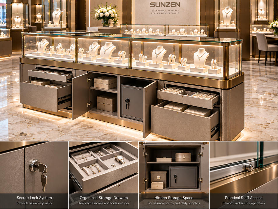 Commercial jewelry showcase with integrated storage drawers secure staff access and practical daily retail operation