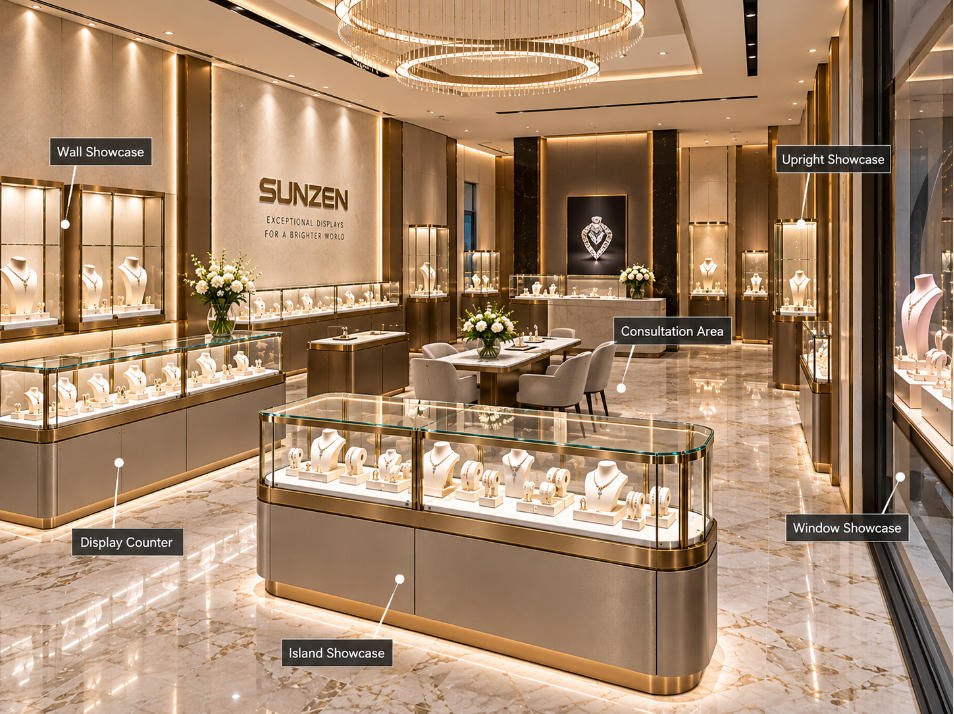 Commercial jewelry showcase layout coordinated with jewelry store circulation counters islands wall displays and customer consultation areas