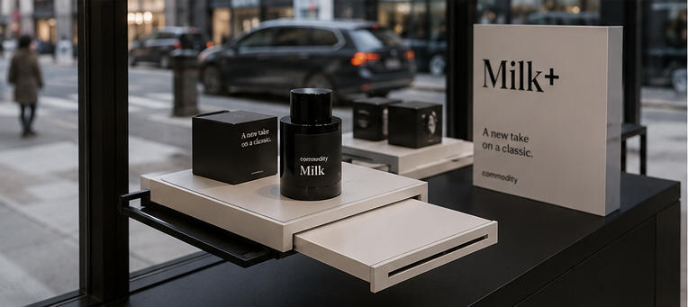Sliding scent plinth for window limited-edition exhibits