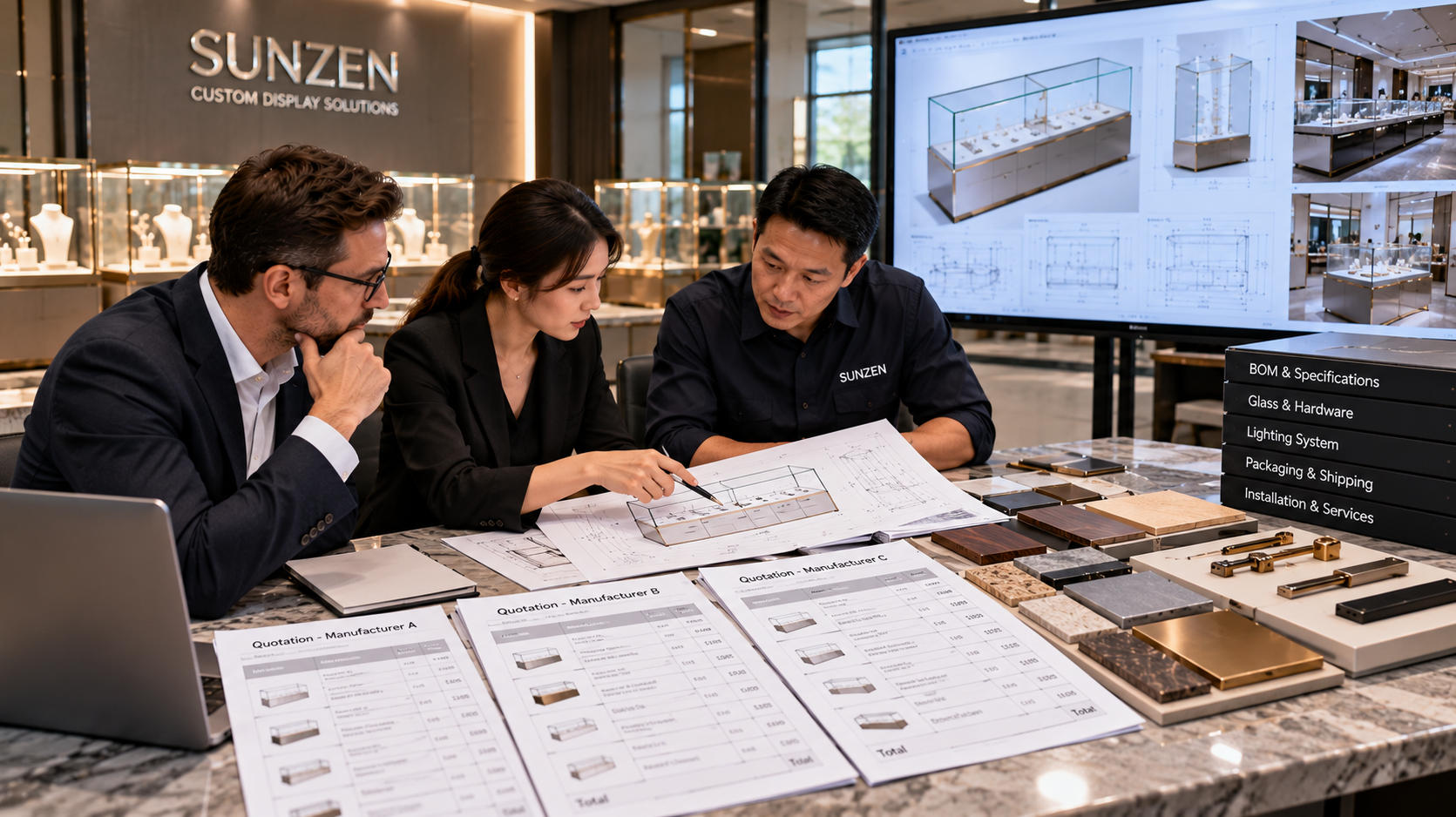 Procurement team comparing quotations BOM specifications and costs from different display case manufacturers