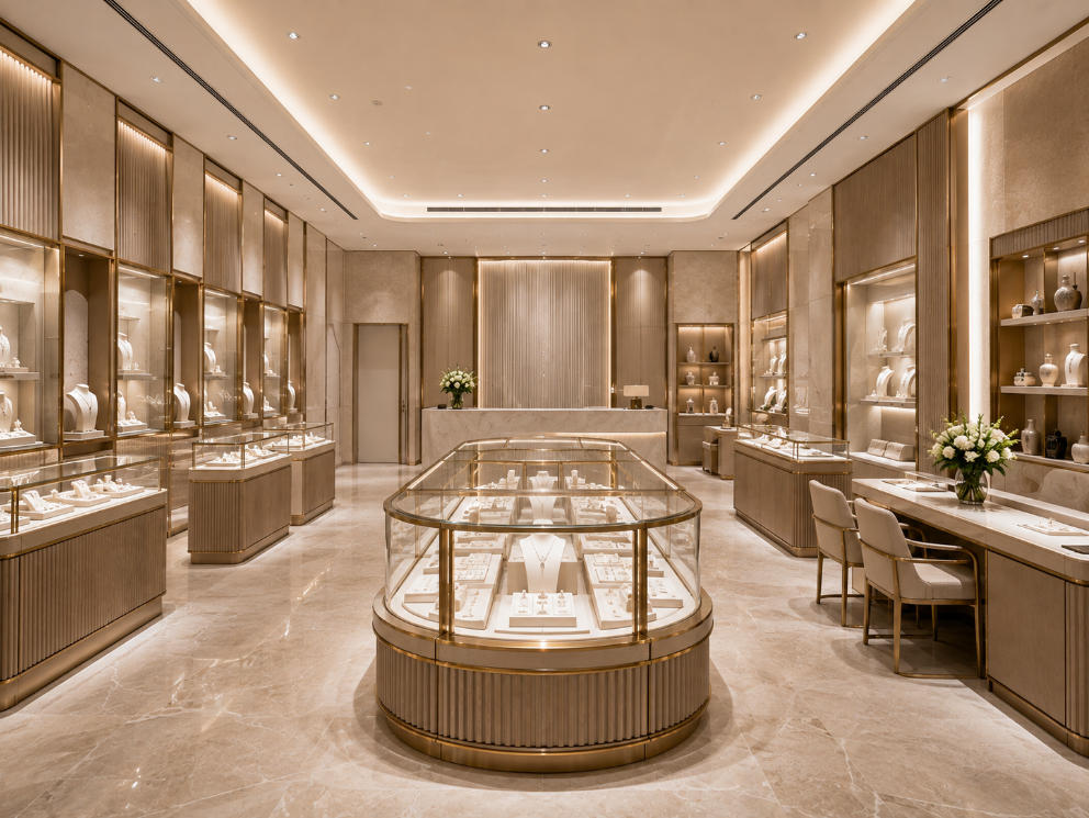 Complete luxury retail store fixture package with showcases wall displays and consultation furniture