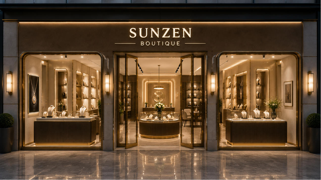 Completed boutique store design with coordinated interior custom fixtures lighting and merchandising displays