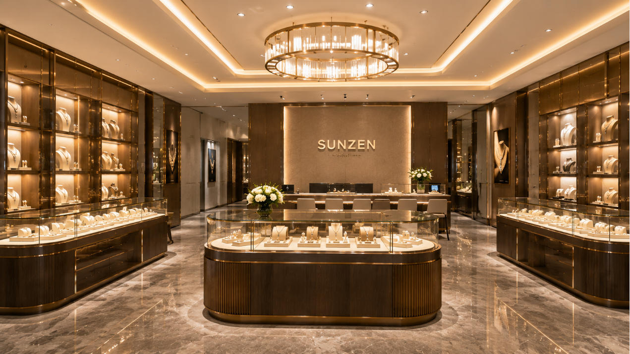 Completed luxury jewelry store with coordinated custom jewelry showcases and display fixtures