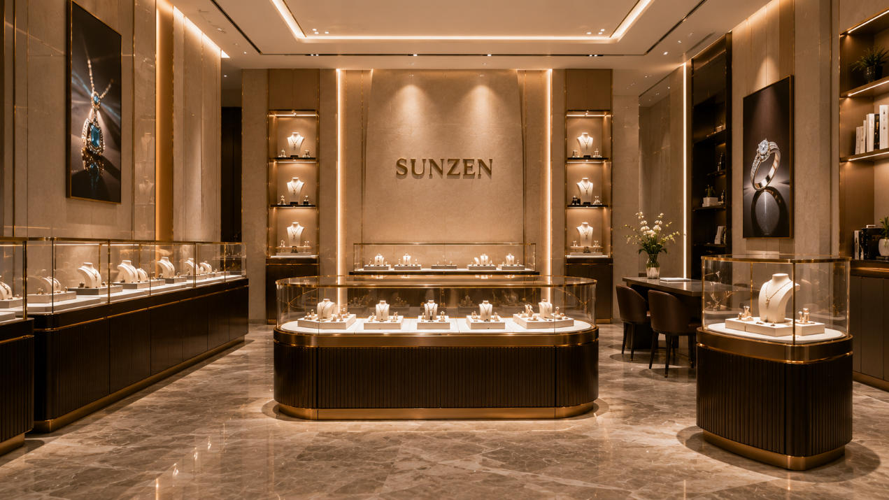 Completed custom showcase design translated into finished luxury retail display cases with coordinated glass materials and lighting
