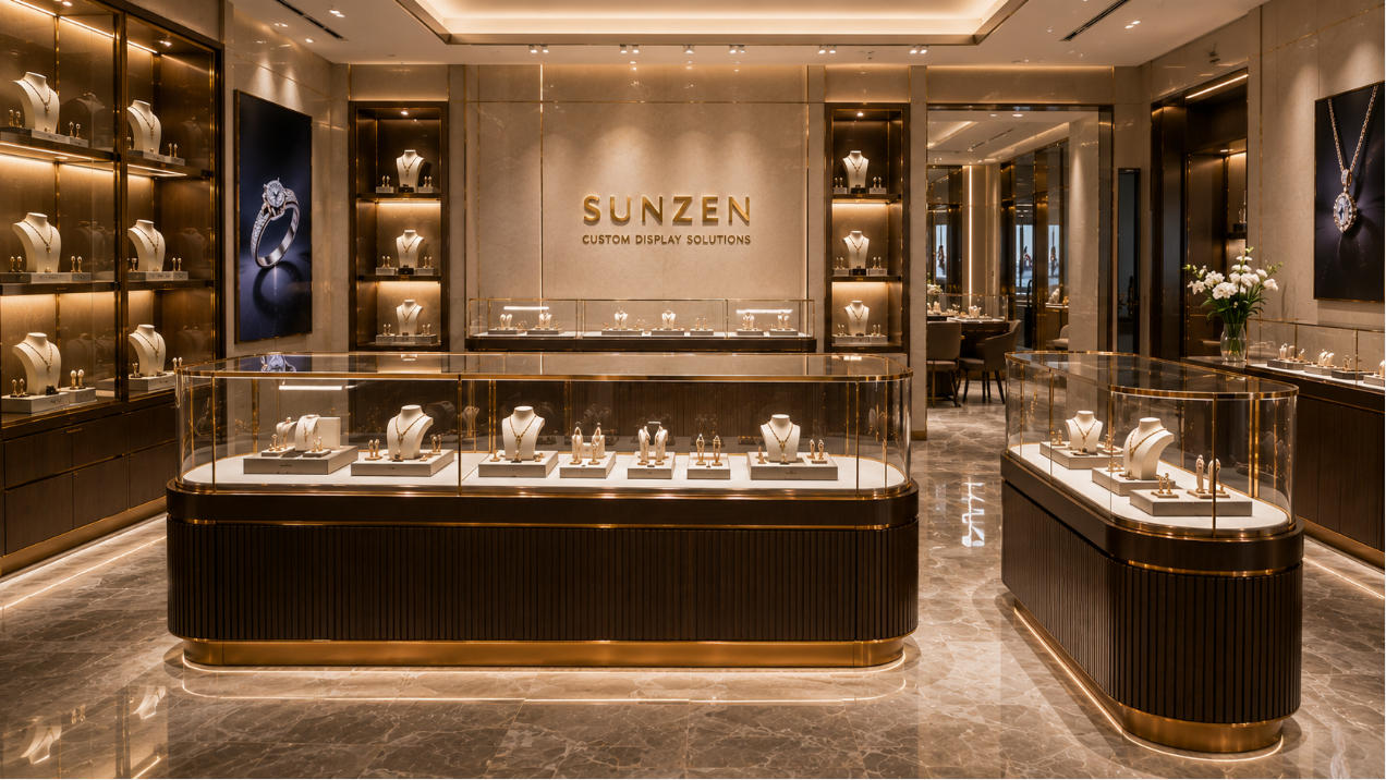 Completed professional display case design with coordinated proportions glass materials integrated lighting and product presentation