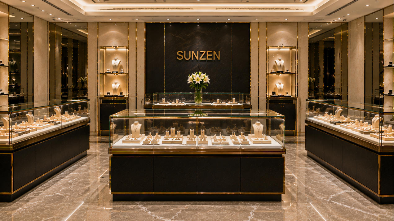 Completed display case installation with custom glass cabinets aligned illuminated and ready for merchandising