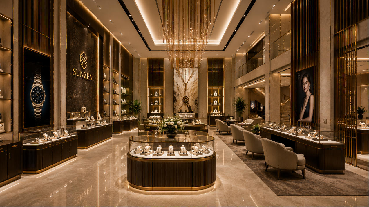 Completed flagship store design with premium retail interior custom fixtures lighting and brand-focused environment