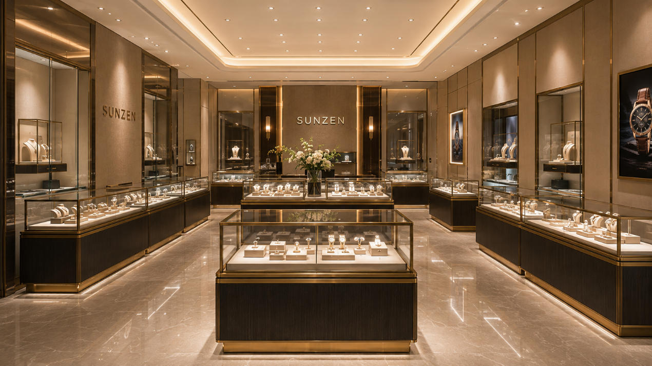 Completed commercial interior with coordinated custom glass showcases and display cases