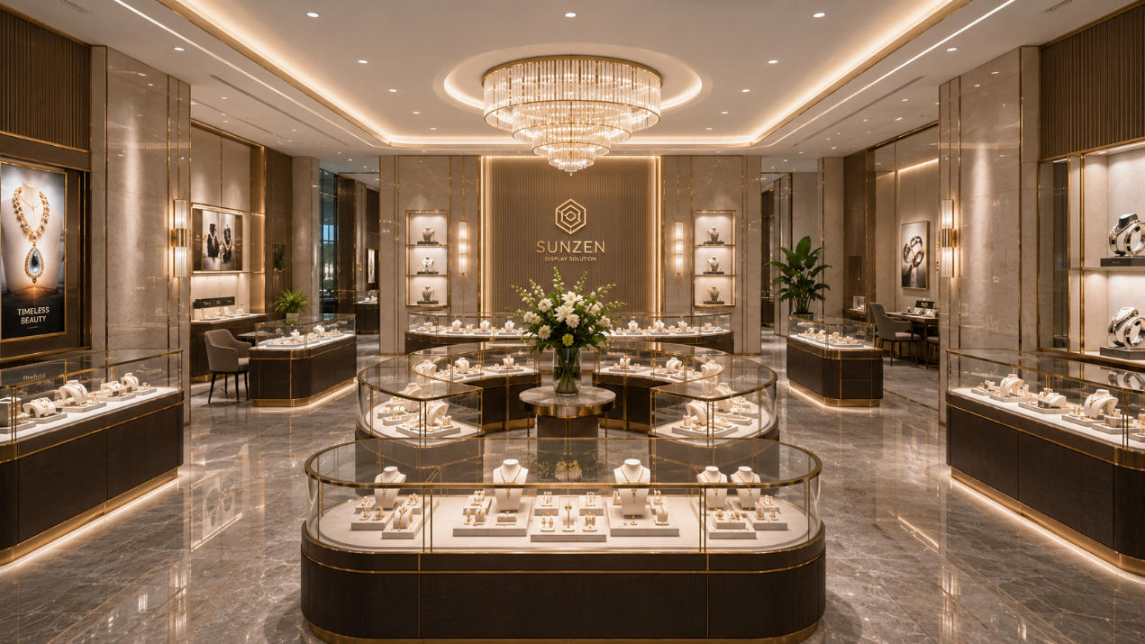 Completed luxury jewelry store interior with custom showcases and coordinated retail design