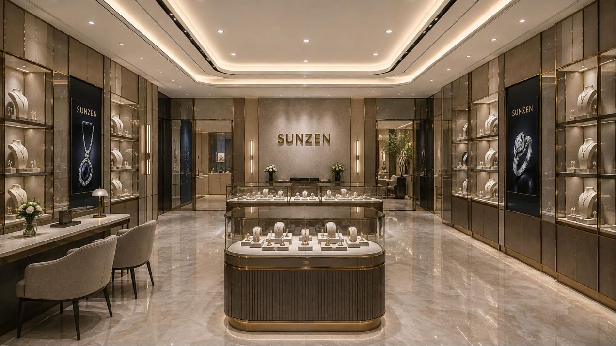 Completed luxury retail store design with custom showcases and integrated display fixtures