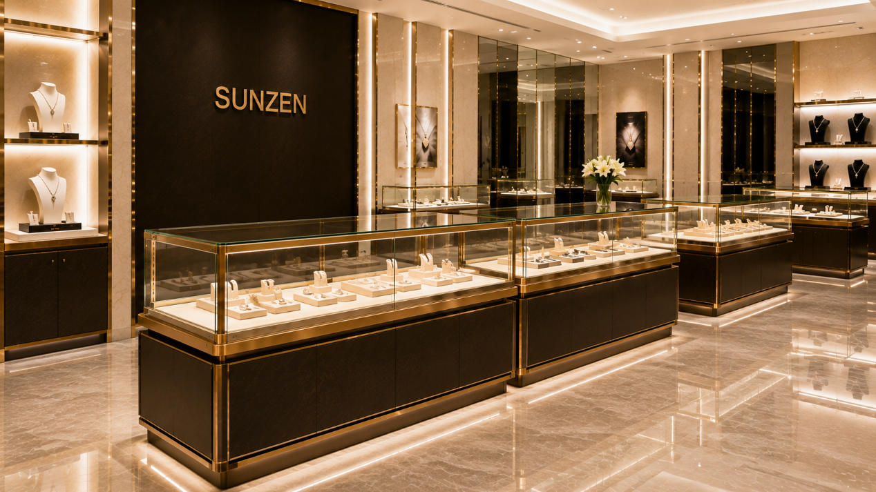 Completed showcase installation with custom glass display cases aligned illuminated and ready for product merchandising