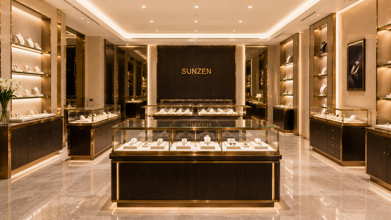 Completed store fixture installation with custom display cases aligned illuminated and ready for merchandising in luxury retail interior