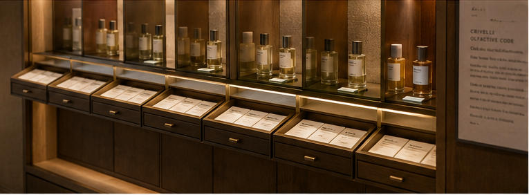 Flip card test vitrines hidden scent card storage system