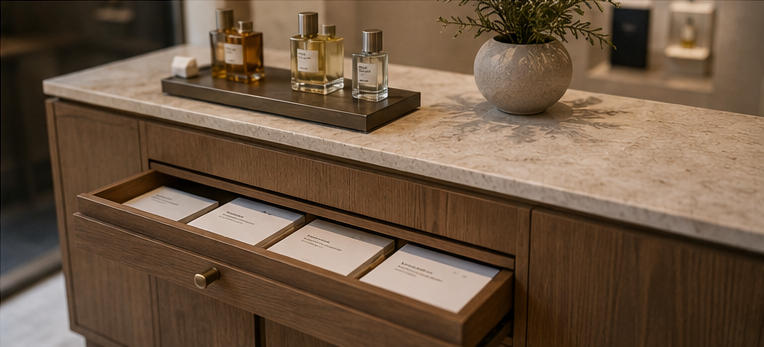 Concealed draw displays hidden sample storage cabinets