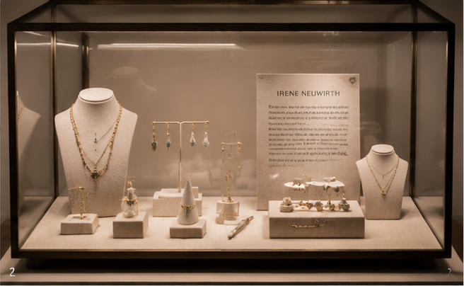 Curation-focused display counters in gallery-style jewelry boutique