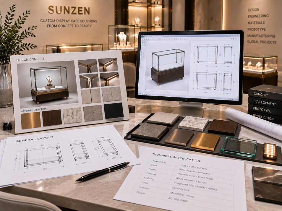 Custom display case project inputs including designer rendering CAD drawing material references dimensions and technical specifications