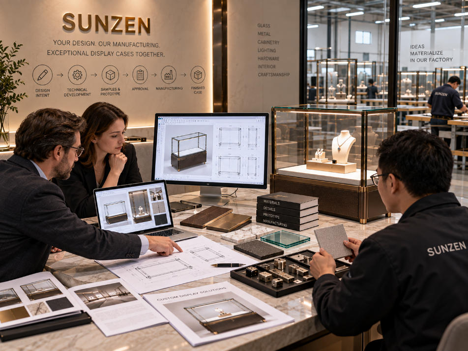 Designer and custom display case manufacturer workflow connecting design intent technical development samples approvals and finished case