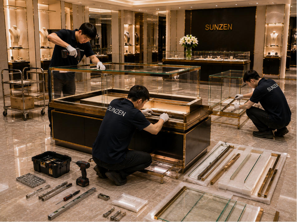 Custom display case installation with cabinet glass metal frame and lighting components being assembled on project site