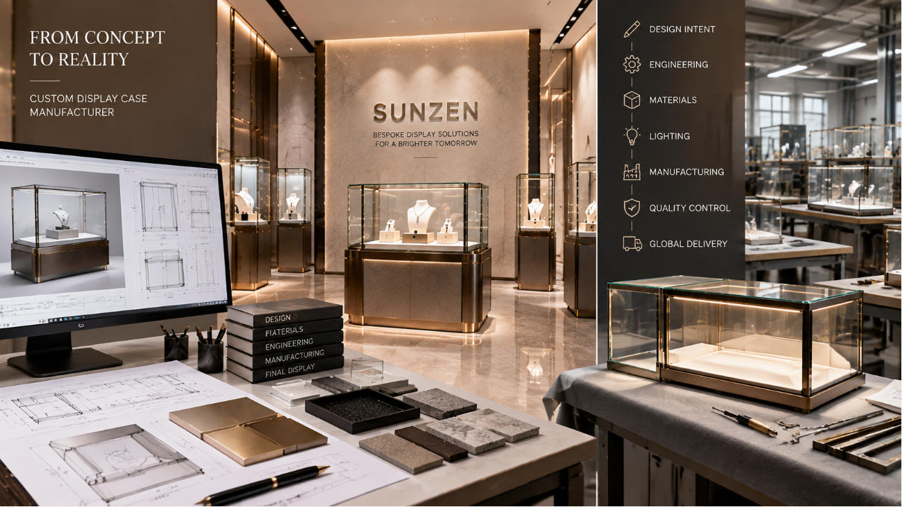 Custom display case manufacturer turning bespoke designer concepts drawings materials glass lighting and details into finished display cases